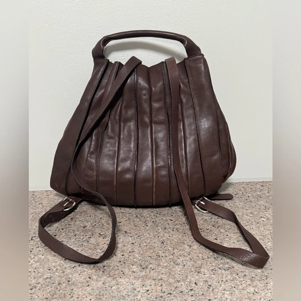LUPO Barcelona Brown‎ Leather Pleated Backpack/ handbag